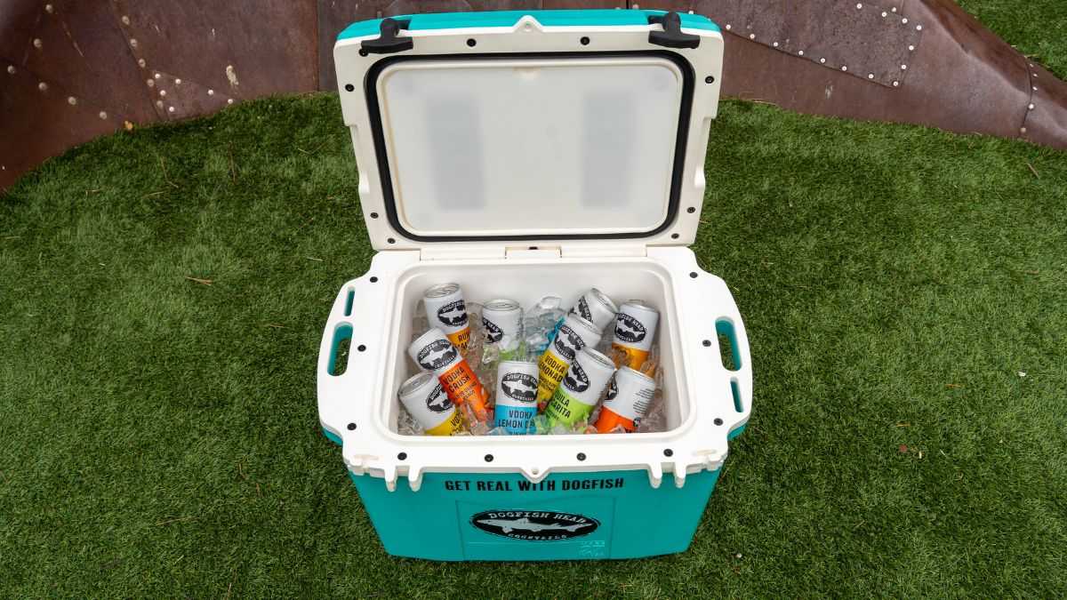 Inside the secret stash cooler with different flavors of cocktail mixes (Courtesy of Dogfish Head)