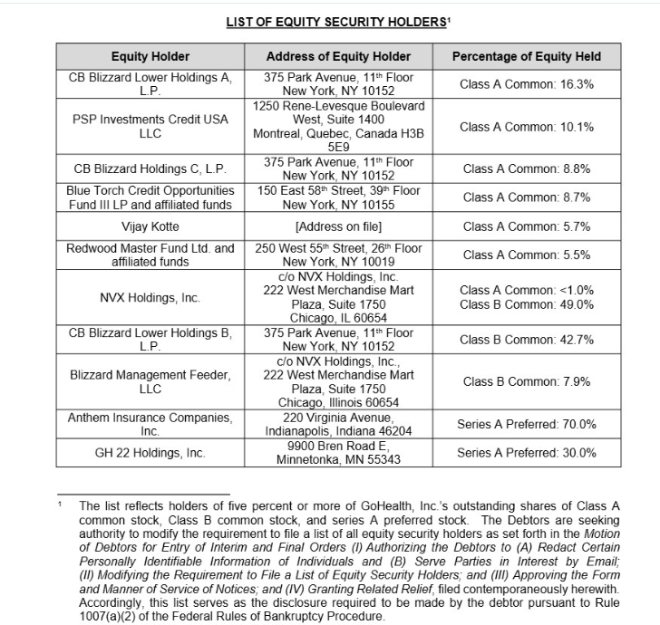 This image shows the current status of equity holders of the company.