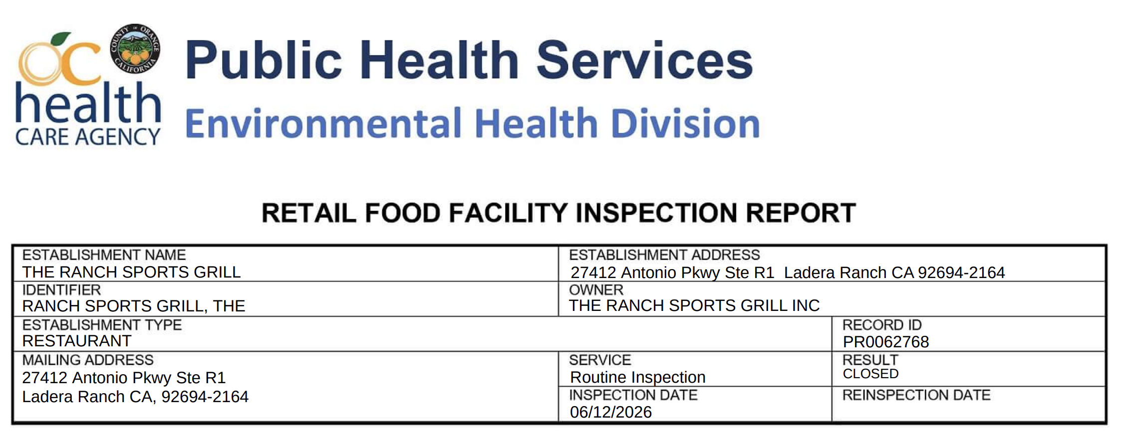 A screenshot of the official inspection report of The Ranch Sports Grill (inspections.myhealthdepartment.com/orange-county)