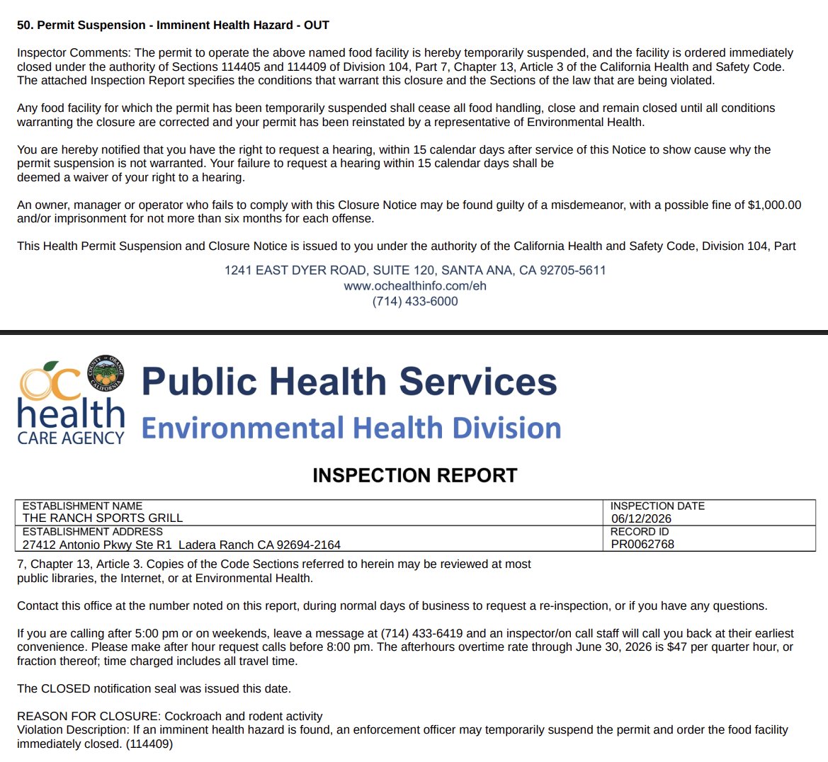 A screenshot of the inspection with closure comments (inspections.myhealthdepartment.com/orange-county)