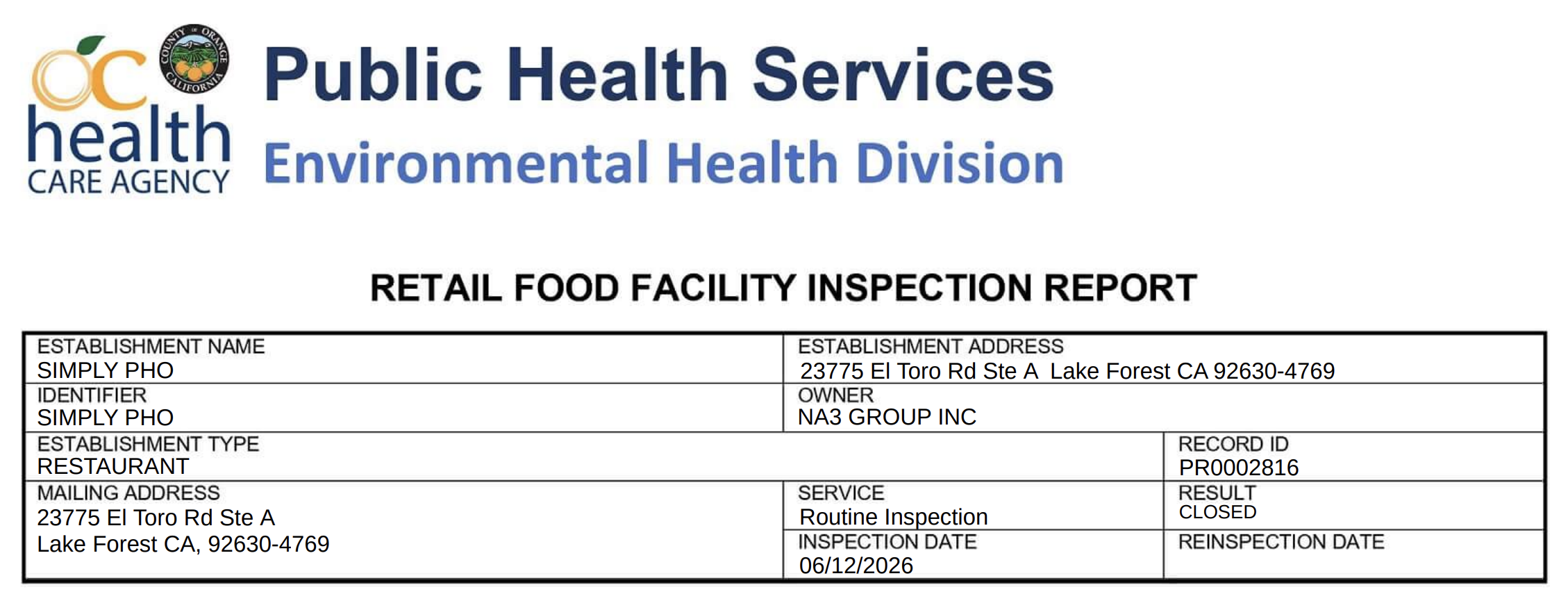 A screenshot of the official inspection report of Simply Pho (inspections.myhealthdepartment.com/orange-county)