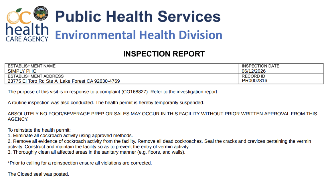 A screenshot of the inspection with closure announcement (inspections.myhealthdepartment.com/orange-county)