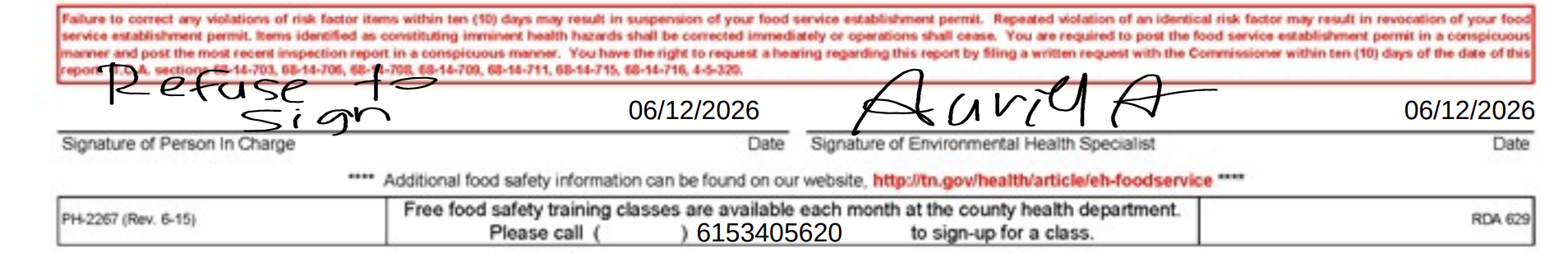 Screenshot of the inspection report with comments (inspections.myhealthdepartment.com/tennessee)