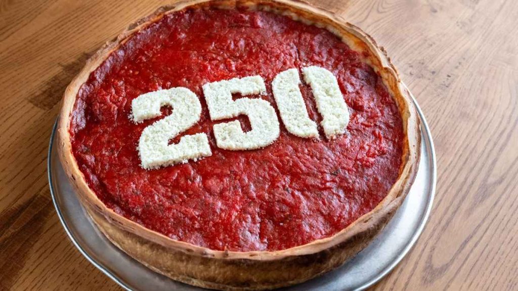 This image shows “250 Pizza” at Giordano's, which will be served to celebrate the country's 250 years.
