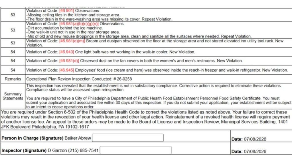 Official inspection report screenshot