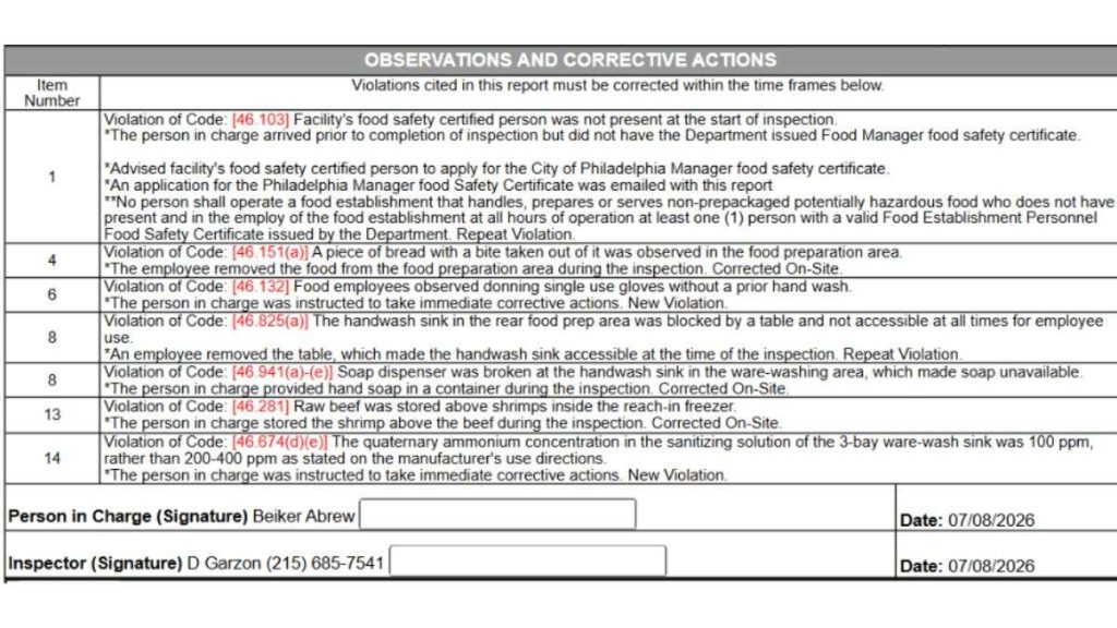 Screenshot of the violations