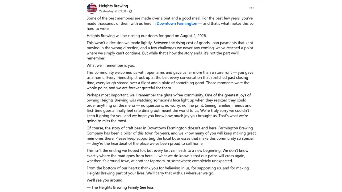 Heights Brewing closure announcement image