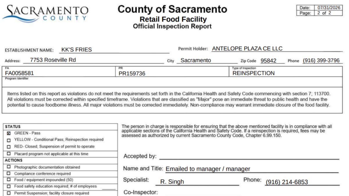 KK's Fries reinspection report image