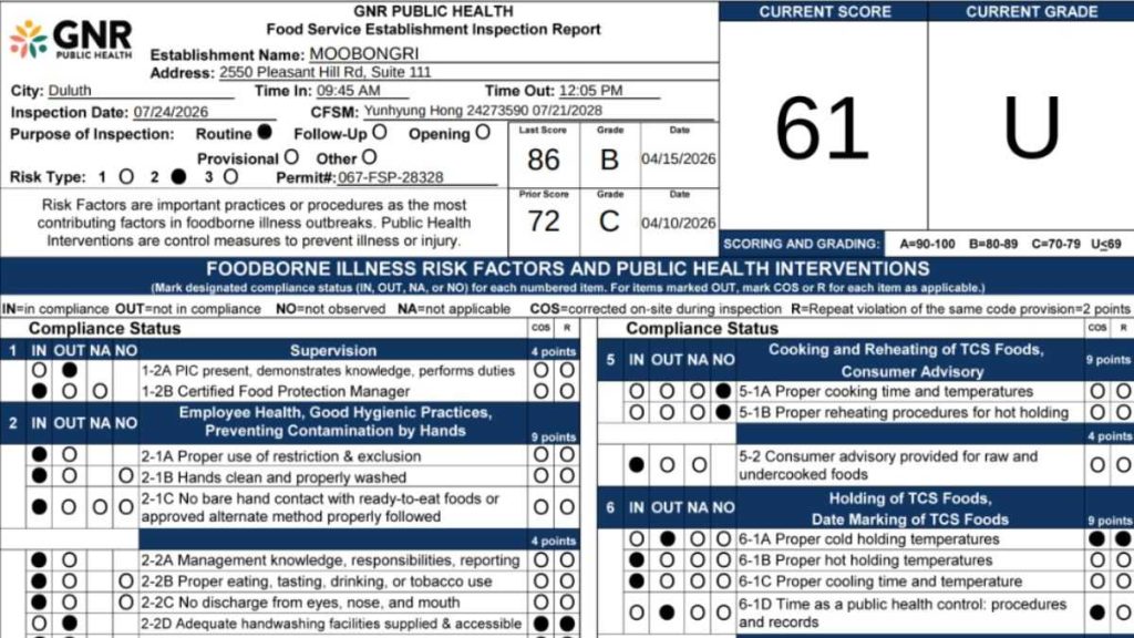Screenshot of the Moobongri health inspection report