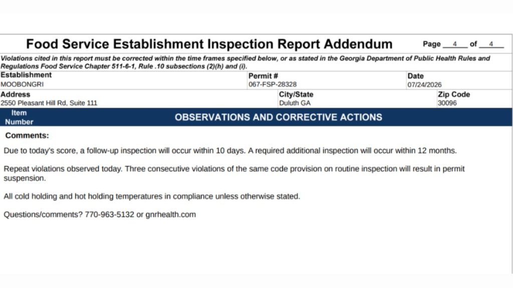 Screenshot of the comments and follow-up inspection information
