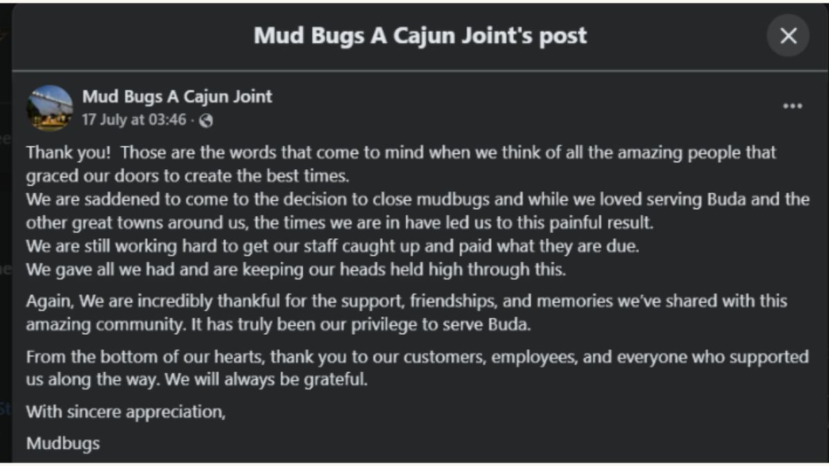 Mud Bugs A Cajun Joint closure announcement Mud Bugs A Cajun Joint closure announcement image