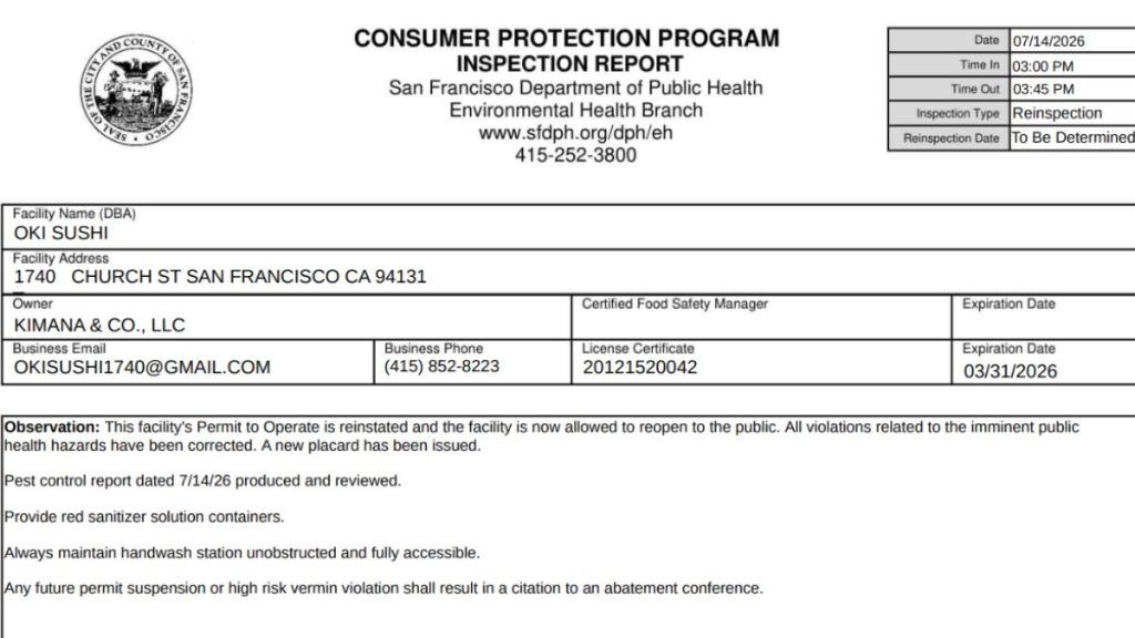 Oki Sushi reinspection report screenshot