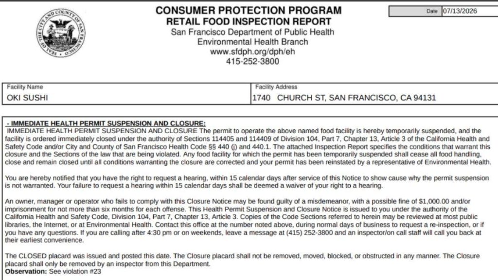 Oki Sushi health inspection report screenshot