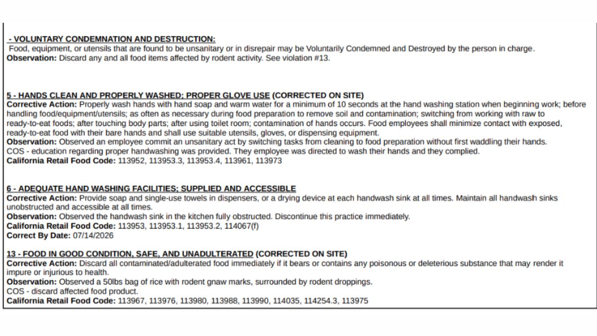 Screenshot of the violations