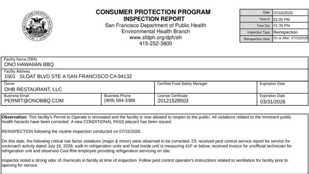 Ono Hawaiian BBQ reinspection report screenshot