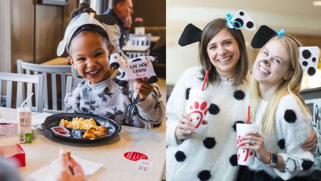 This image shows customers wearing cow-themed attire at Chick-fil-A.