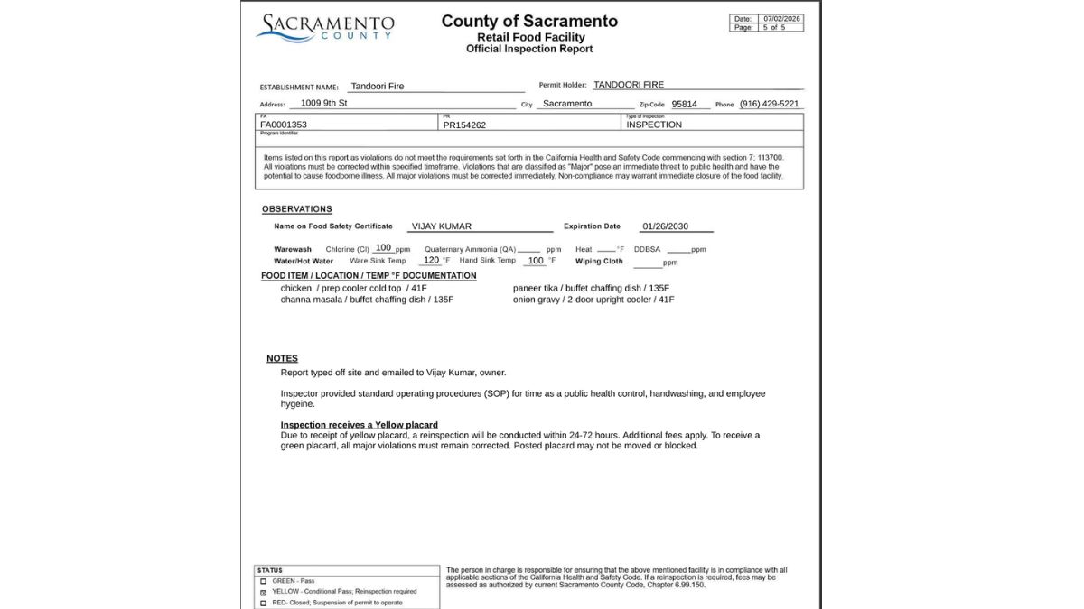 Screenshot of Tandoori Fire Health inspection report
