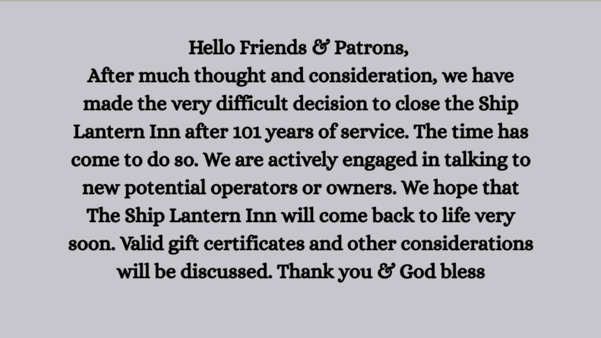 Ship Lantern Inn Closes in Milton, New York