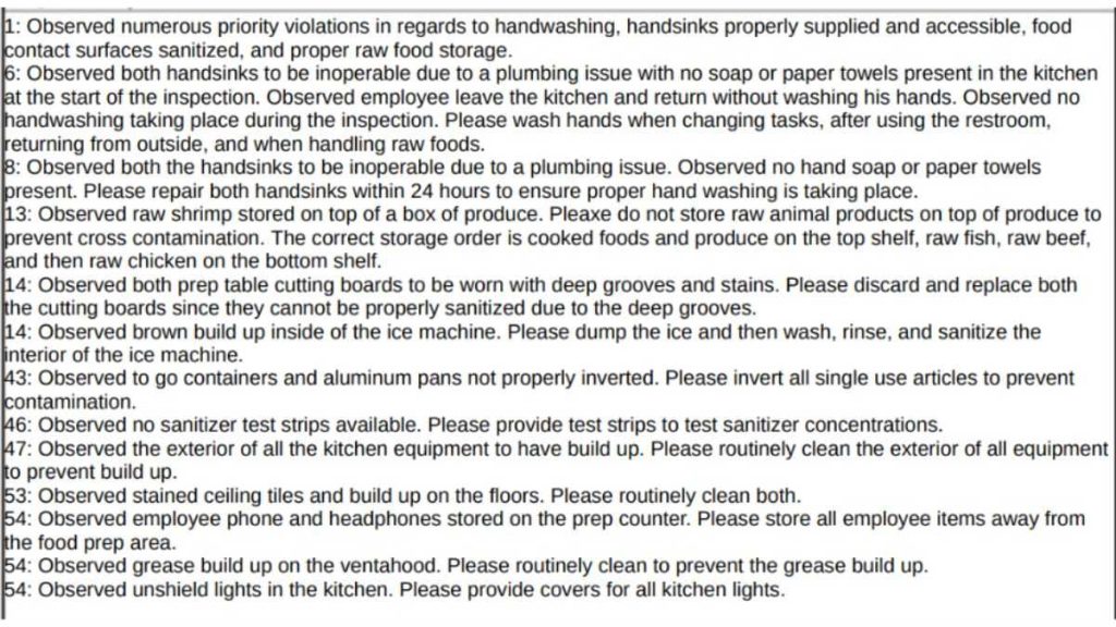 Screenshot of the violations in the inspection report
