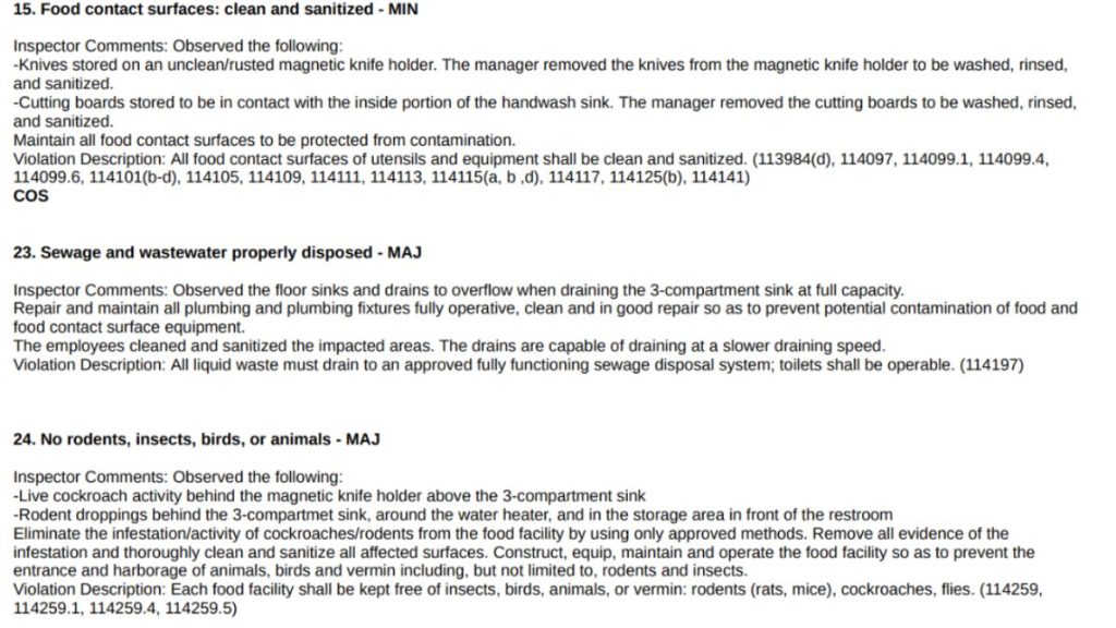 Screenshot of the violations