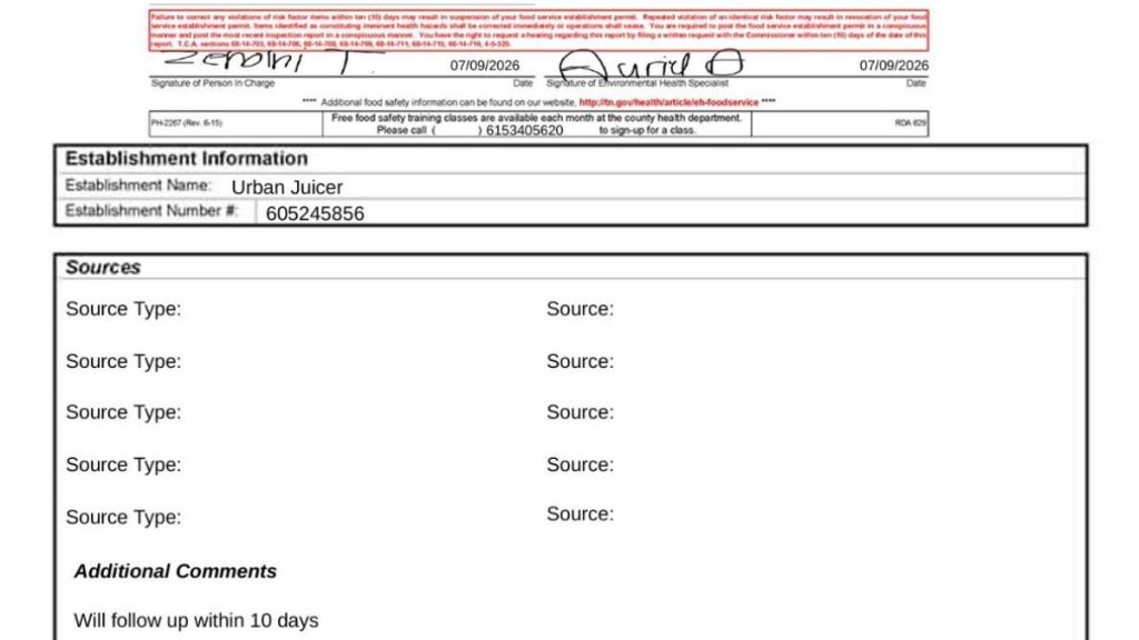 Screenshot of the comments in the health inspection report