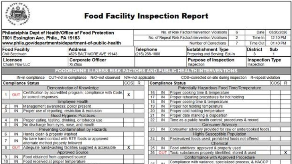 Screenshot of Chili Szechuan health inspection report