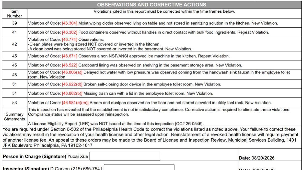 Chili Szechuan health inspection report image of the comments