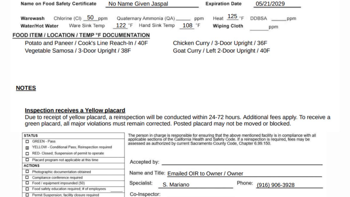 Official inspection report screenshot