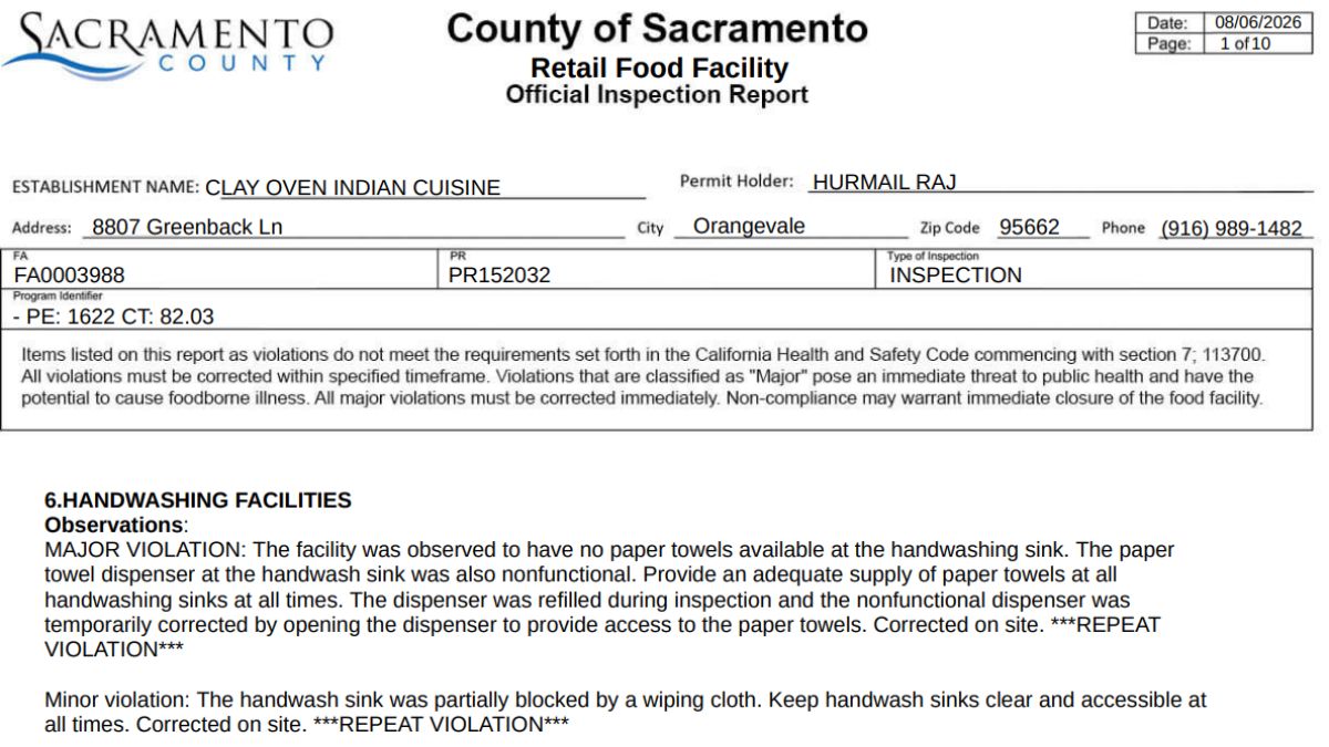 Clay Oven Indian Cuisine health inspection report screenshot