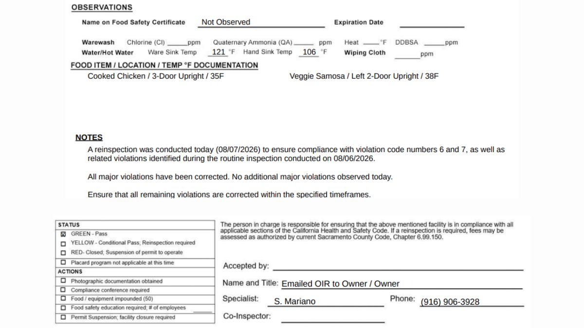 Clay Oven Indian Cuisine reinspection report image