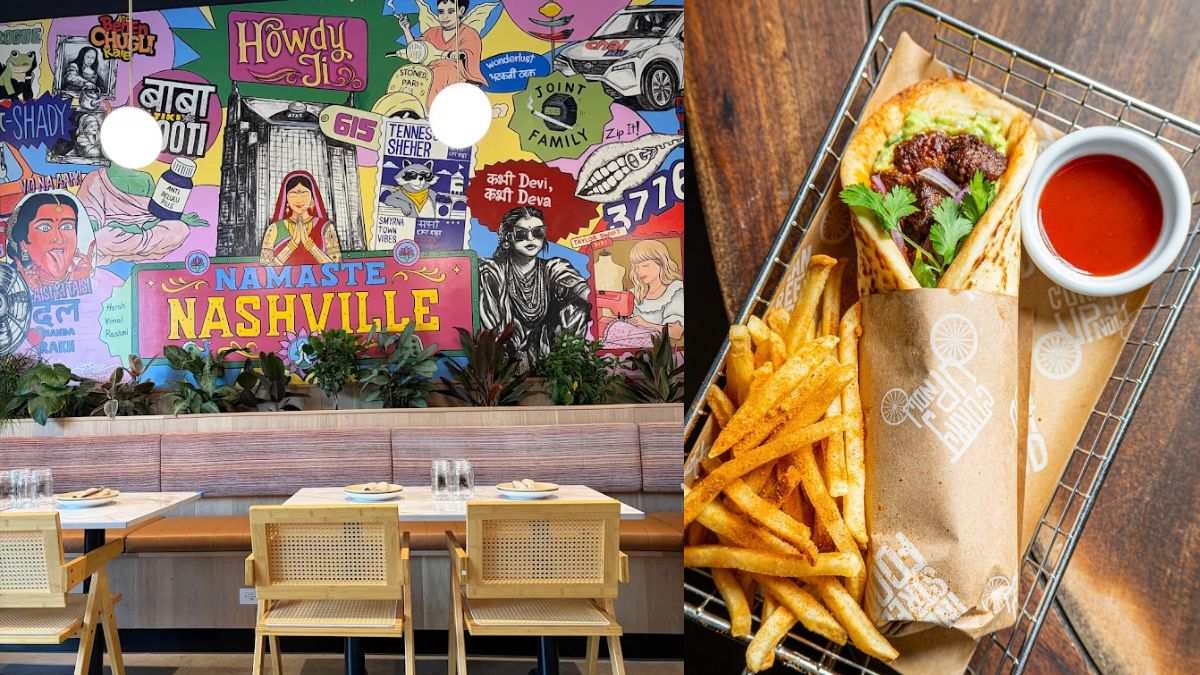 Inside the Curry Up Now location in Tennessee and a food item served at the restaurant (Google Photos by Rebekah Hearn and Curry Up Now PR)