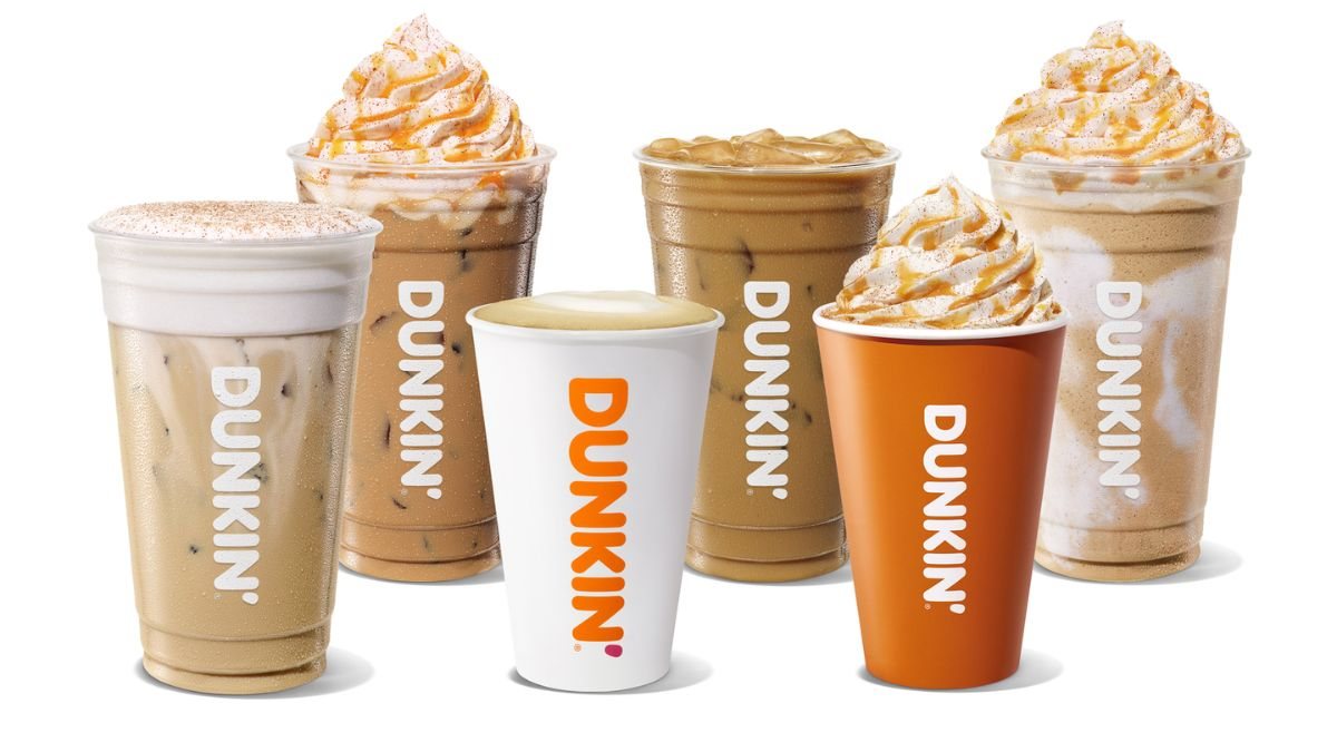 This image shows Dunkin’ pumpkin beverages arriving this fall
