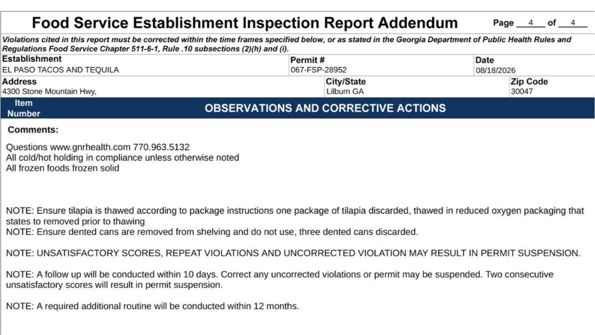 Screenshot of the follow up inspection comments in the report