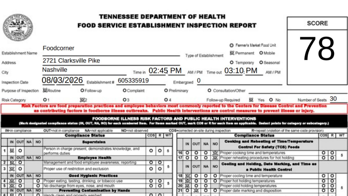 Foodcorner restaurant health inspection report image