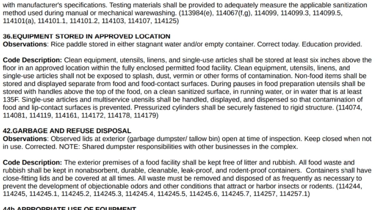 Screenshot of the violations