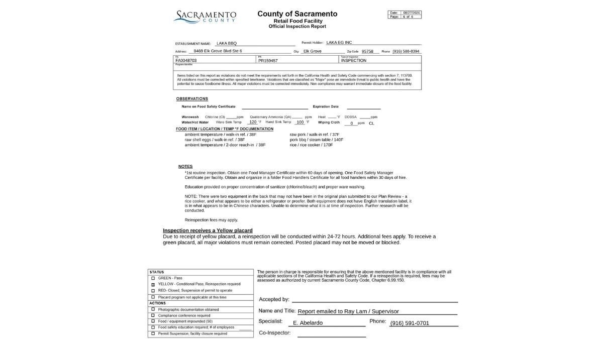 Screenshot of the Laka BBQ health inspection report comments