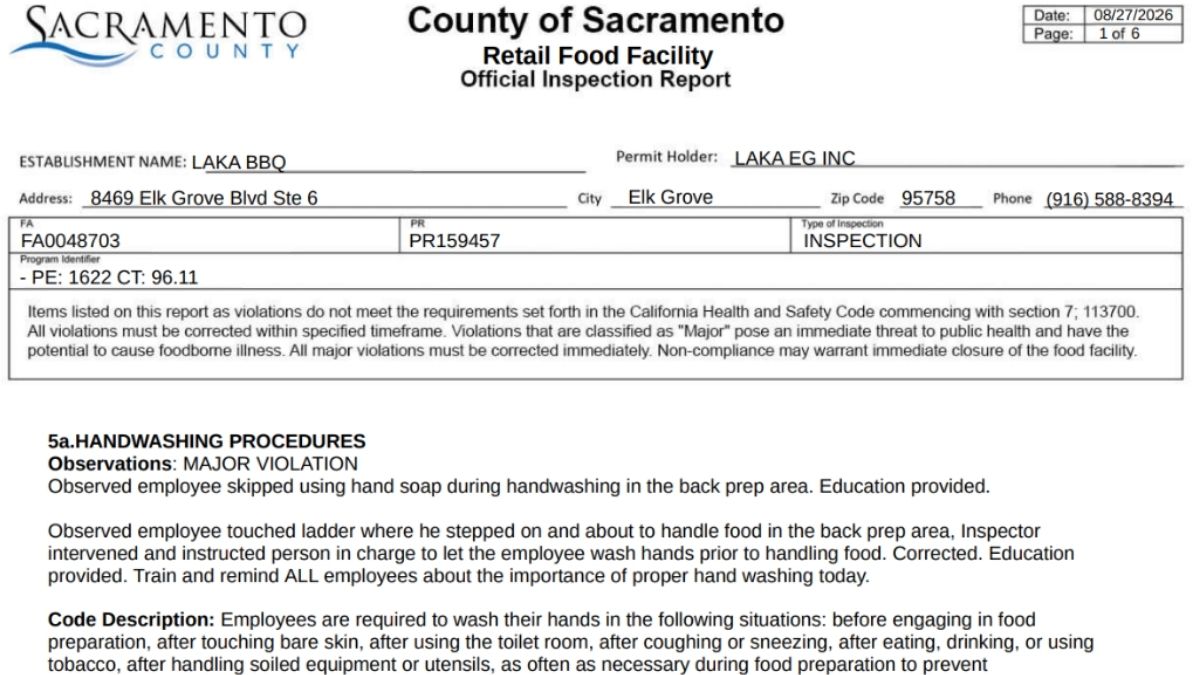 Laka BBQ health inspection report screenshot
