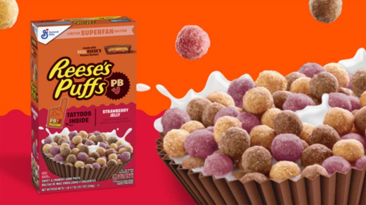 This image shows PB+J Cereal by Reese’s Puffs