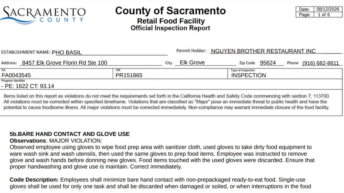 Pho Basil inspection report screenshot