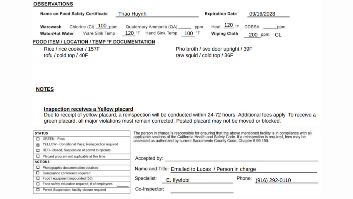 Pho Basil inspection report image
