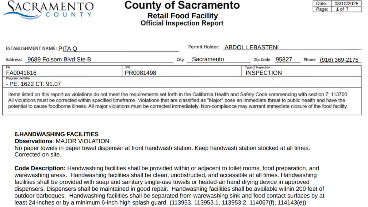 Screenshot of the Pita Q Health inspection report