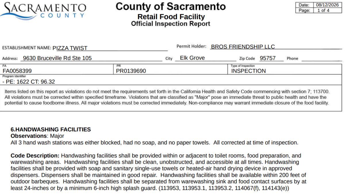 Pizza Twist health inspection report screenshot