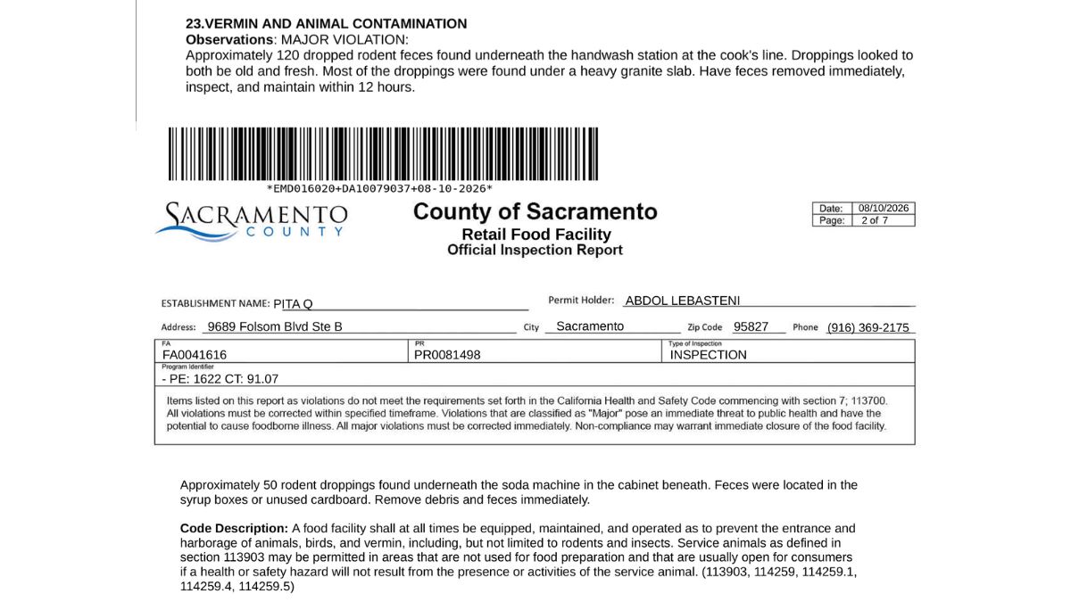 Screenshot of the violations mentioned in the inspection report