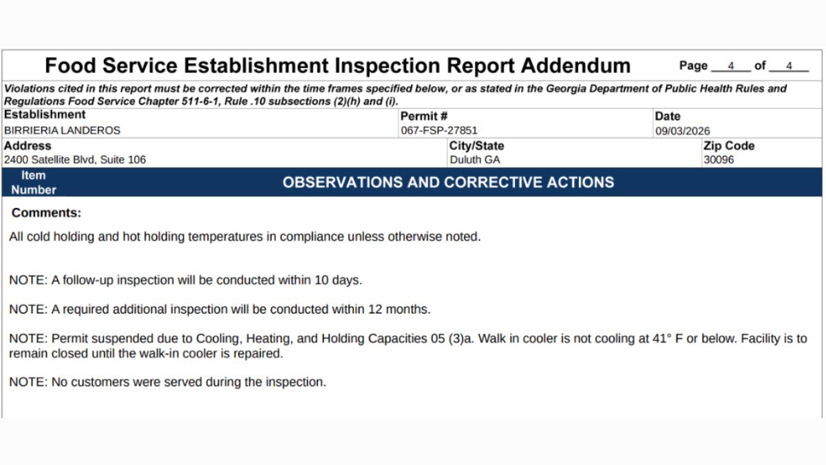Screenshot of comments mentioned in the Birrieria Landeros Health Inspection report