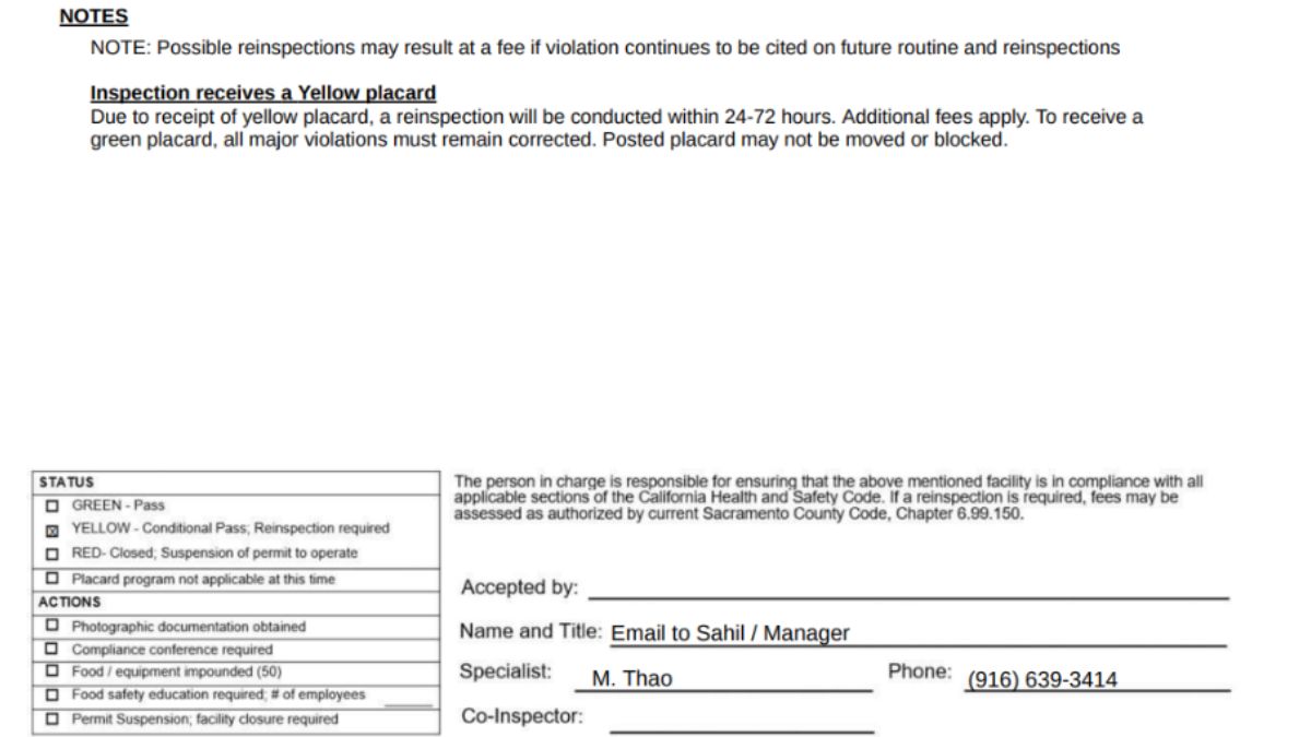 Screenshot of the official health inspection report