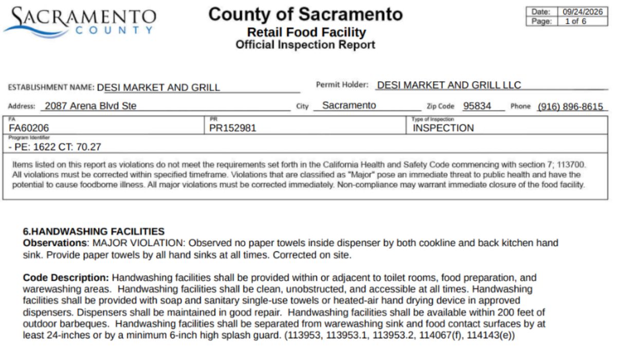 Desi Market and Grill health inspection report screenshot