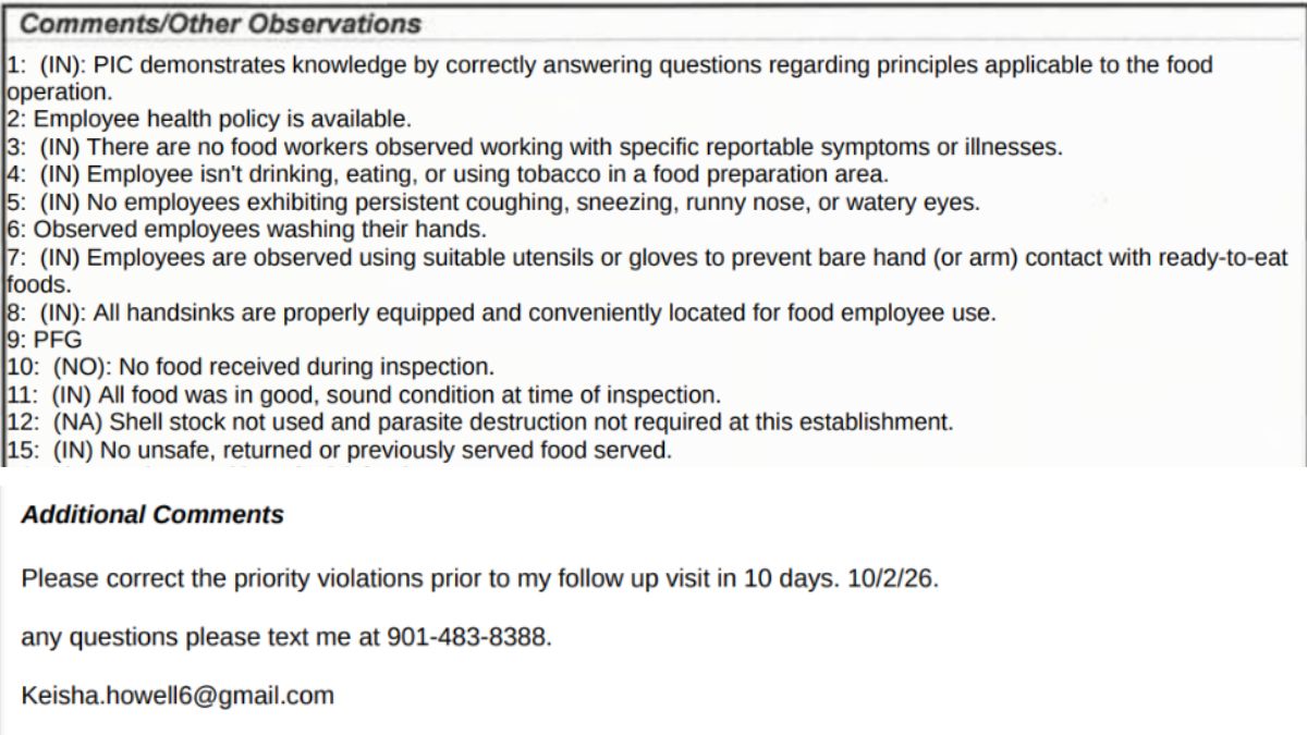 Dixie Queen health inspection report screenshot