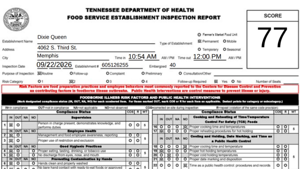Screenshot image of the official inspection report
