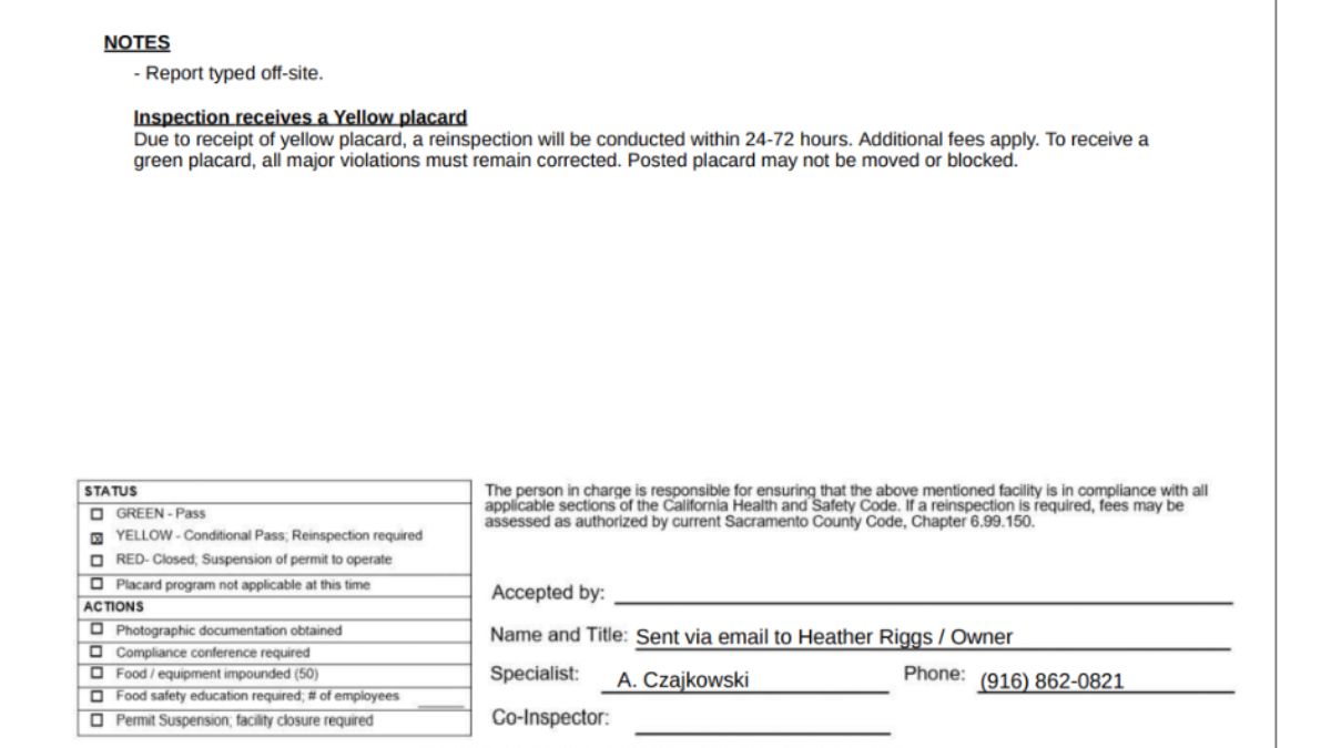 Screenshot of the inspection report