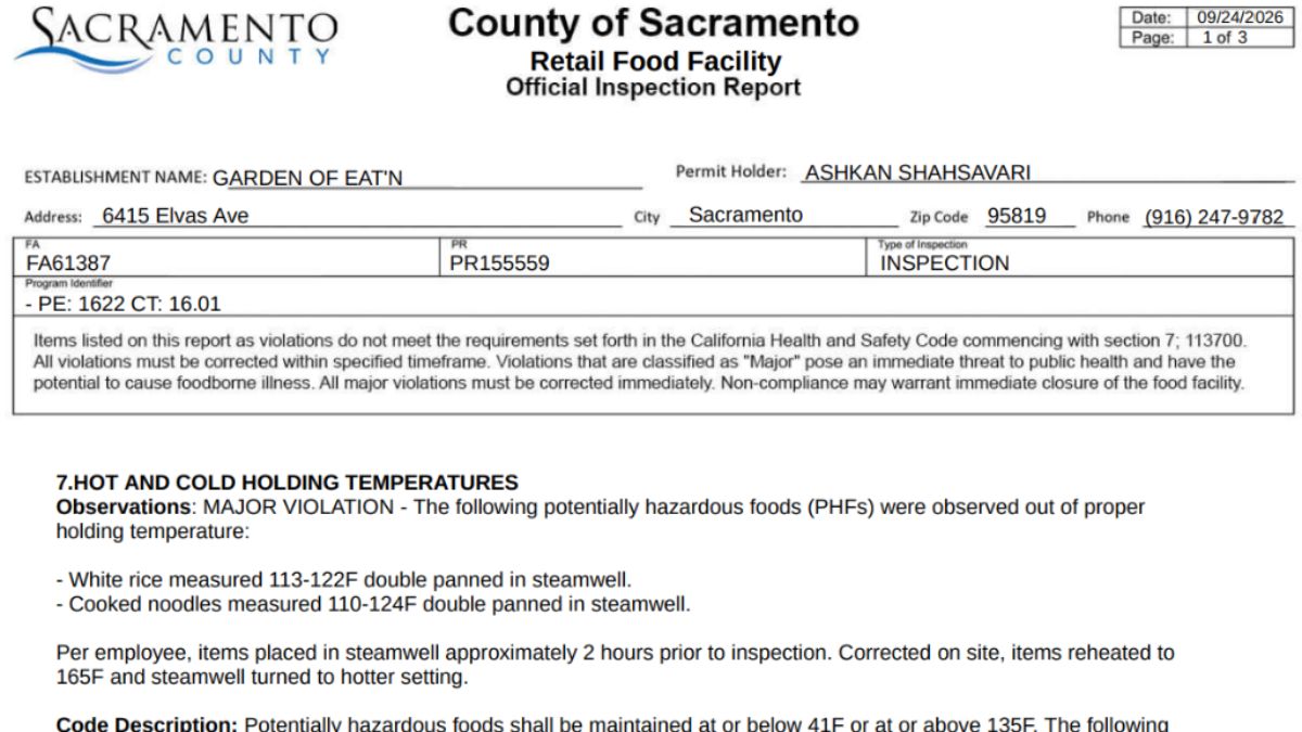Garden of Eat'n health inspection report screenshot